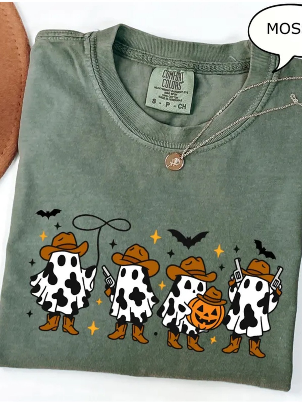 Comfort Colors Moss Green Halloween Ghost Cowboy Graphic Tee